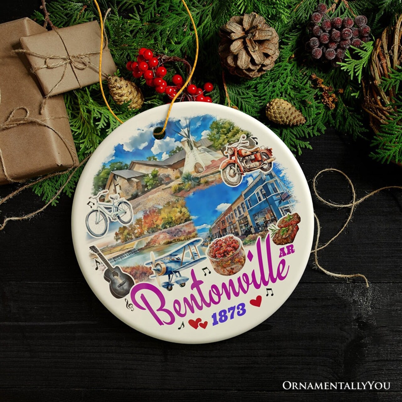 Artistically Vibrant Bentonville Ornament, Arkansas Mountain Town Christmas Gift and Souvenir